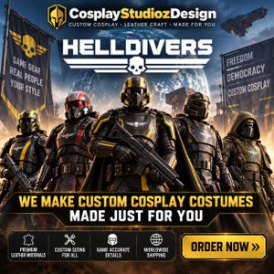 Pode incluir: Um gráfico promocional da CosplayStudiozDesign com cinco figuras em armadura tática escura com detalhes amarelos, capacetes e rifles. O texto inclui HELLDIVERS, WE MAKE CUSTOM COSPLAY COSTUMES MADE JUST FOR YOU e ORDER NOW.
