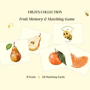 Könnte beinhalten: Ein Obst-Gedächtnis- und Zuordnungsspiel mit 16 Karten, die Aquarellillustrationen von 8 Früchten wie Birnen und Orangen zeigen. Die Karten sind vor einem cremefarbenen Hintergrund mit dem Text FRUITS COLLECTION und einem Bienenlogo abgebildet.