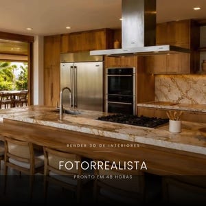May include: A kitchen interior featuring wooden cabinetry, a stainless steel refrigerator, a built-in oven, and a marble countertop with a gas cooktop. A large stainless steel range hood hangs above the island. Text reads RENDER 3D DE INTERIORES FOTORREALISTA PRONTO EM 48 HORAS.