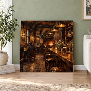 Rustic Tavern Canvas Wall Art: Warm Pub Scene for Home Bar Decor, Large Canvas Print