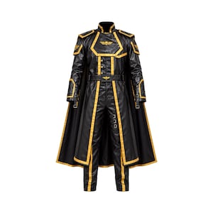 May include: A black long coat and matching trousers set featuring gold trim, a high collar, and a cape. The coat includes a chest emblem with a skull and wings, a buckled belt, and shoulder pads. The trousers feature side buckle details.