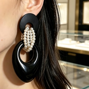May include: A large statement earring featuring a matte black circular top piece connected to a glossy black teardrop-shaped bottom piece by three strands of small white pearls that loop through the center of both black components.