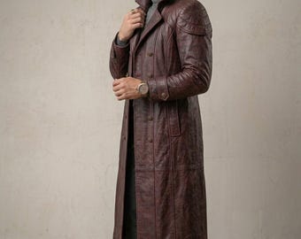 Gabardina de cuero hecha a mano para hombre / Abrigo militar cruzado color burdeos / Abrigo largo vintage desgastado / Regalo para él