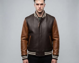 Handgefertigte Collegejacke aus Leder | Braune Bomberjacke | Zweifarbige Collegejacke | Herrenmantel aus Vollnarbenleder | Geschenk für ihn