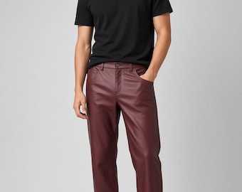 Burgunderfarbene Lammlederhose für Herren | Burgunderfarbene Hose mit geradem Bein | Lässige Hose aus echtem Leder | Geschenkidee für ihn