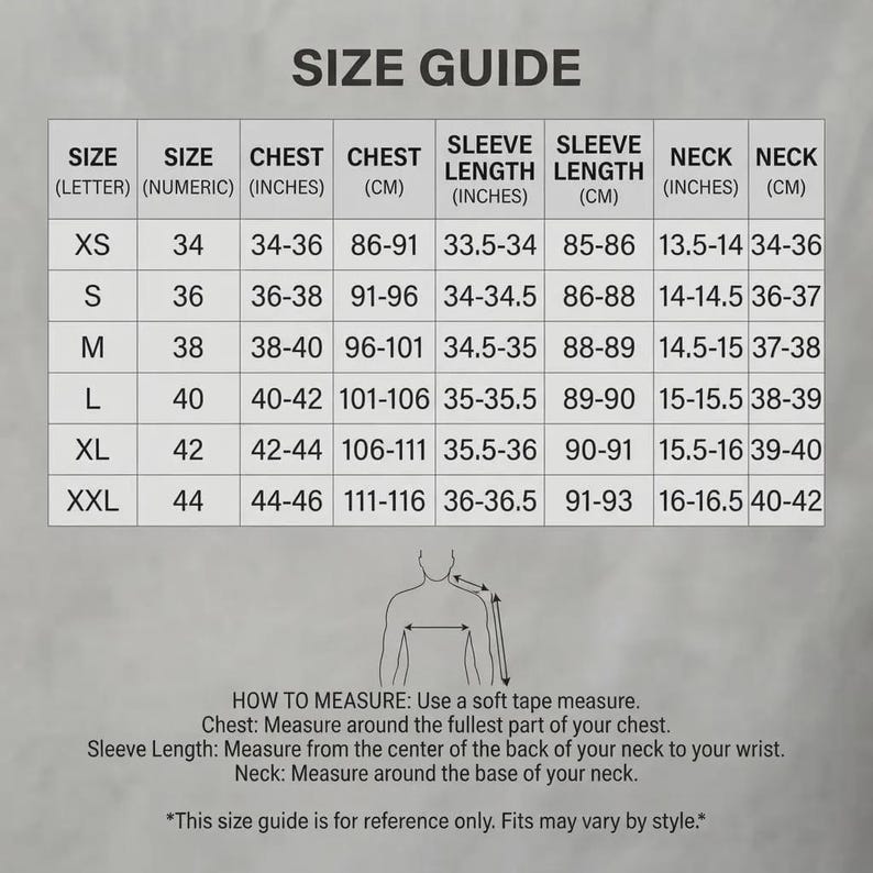 Puede incluir: Una tabla de gu&iacute;a de tallas para ropa con columnas para talla en letras, talla num&eacute;rica, pecho, largo de manga y cuello en pulgadas y cent&iacute;metros. Incluye un diagrama que muestra c&oacute;mo medir el pecho, la manga y el cuello.