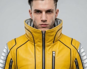 Gelbe Leder-Motorradjacke | Herren-Rennjacke | Bomberjacke mit wattierten Protektoren | Cosplay-Jacke mit silbernen Akzenten | Biker-Geschenk für ihn