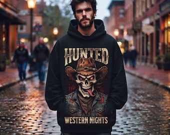 Western-Totenkopf-Hoodie für Herren | Cowboy-Skelett-Sweatshirt | Gruseliger Vintage-Pullover | Oversized-Hoodie im Gothic-Stil | Geschenkidee für ihn