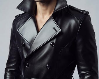 Handgefertigter Trenchcoat aus schwarzem Lackleder | Zweireihiger Duster im Matrix-Stil