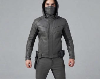 Grauer Leder-Stealth-Anzug | Taktische Kapuzenjacke | Komplettes Ledermasken-Set | Gothic-Cosplay-Outfit für Herren | Alternatives Modekostüm