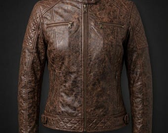Chaqueta de moto de cuero acolchado marrón / Chaqueta motera para mujer / Abrigo de cuero de plena flor / Chaqueta de moto con cremallera frontal / Estilo cafe racer