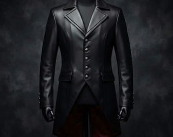 Handgefertigter schwarzer Lederfrack | Gothic-Viktorianische Steampunk-Jacke (rotes Futter)