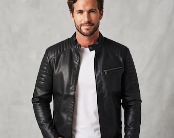 Chaqueta de cuero negra para motociclista / Chaqueta acolchada para motociclista / Chaqueta estilo café racer / Chaqueta de cuero para hombre / Equipamiento para motociclistas