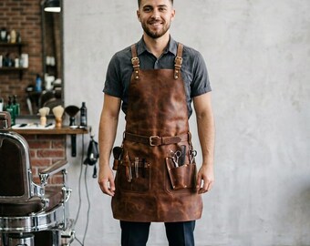 Lederschürze für Friseure, Schmiede, Grills und Friseure | Vollnarbenlederschürze mit Taschen | Geschenkidee für Männer