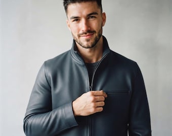 Marineblaue Lederjacke | Herren-Vollnarbenlederjacke | Stehkragenjacke in schmaler Passform | Klassische, lässige Motorradjacke