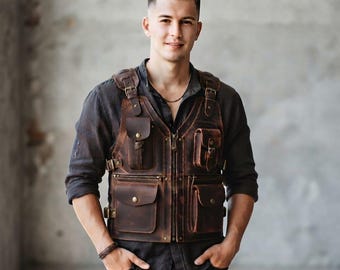 Arbeitsweste aus Vollnarbenleder | Herrenweste mit mehreren Taschen | Lederweste mit Reißverschluss vorne | Verstellbare Werkstatt- und Werkzeugweste