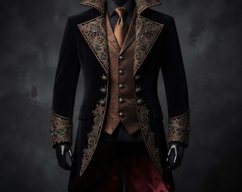 Steampunk-Frack für Herren, viktorianisch-gotische, bestickte Revers, Vampirkostümjacke (inkl. Weste und Krawatte)