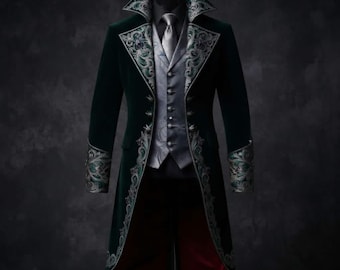 Grüner Samt-Steampunk-Frack, silberbestickte Revers, Gothic-Vampir-Kostümjacke