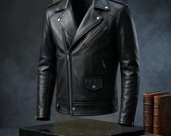 Chaqueta de cuero negra para hombre, estilo motero, de plena flor, con cremallera asimétrica.