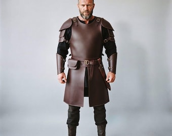 Mittelalterliche Krieger-Lederrüstung | Brustpanzer, Schulterpanzer, Armschienen, Gürteltasche (LARP-Kostüm)
