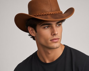 Leder-Cowboyhut für Herren, Westernhut mit geflochtenem Band – Handgefertigter Rancherhut, Used-Look, braun, breite Krempe, Geschenkidee für ihn, Outback-Stil