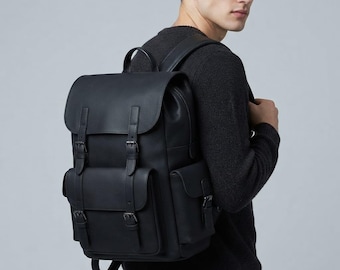 Handgefertigter schwarzer Lederrucksack für Herren | Vintage-Rucksack mit Schnalle | Laptoptasche für Reisen | Alltagsrucksack | Geschenkidee für ihn