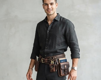 Gürteltasche aus Leder für Herren | Werkzeuggürteltasche mit mehreren Fächern | Verstellbare Multifunktions-Hüfttasche | Gürteltasche für Reisen | Handgefertigte Ledertasche