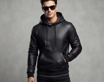 Handgefertigter schwarzer Leder-Hoodie | Biker-Streetwear-Jacke aus Vollnarbenleder (Kapuze mit Kordelzug)