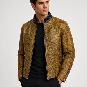 May include: A mustard yellow and black snakeskin-patterned jacket with a black stand-up collar, a full-length front zip, and zipped pockets and cuffs. The jacket is worn over a plain black t-shirt and black trousers.