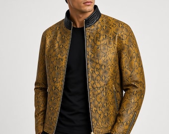 Lederjacke mit Pythonmuster, Herren-Motorradjacke im Schlangenleder-Look – Handgefertigte gold-beige Bikerjacke mit Reißverschluss, Geschenk für Ihn, echtes Leder