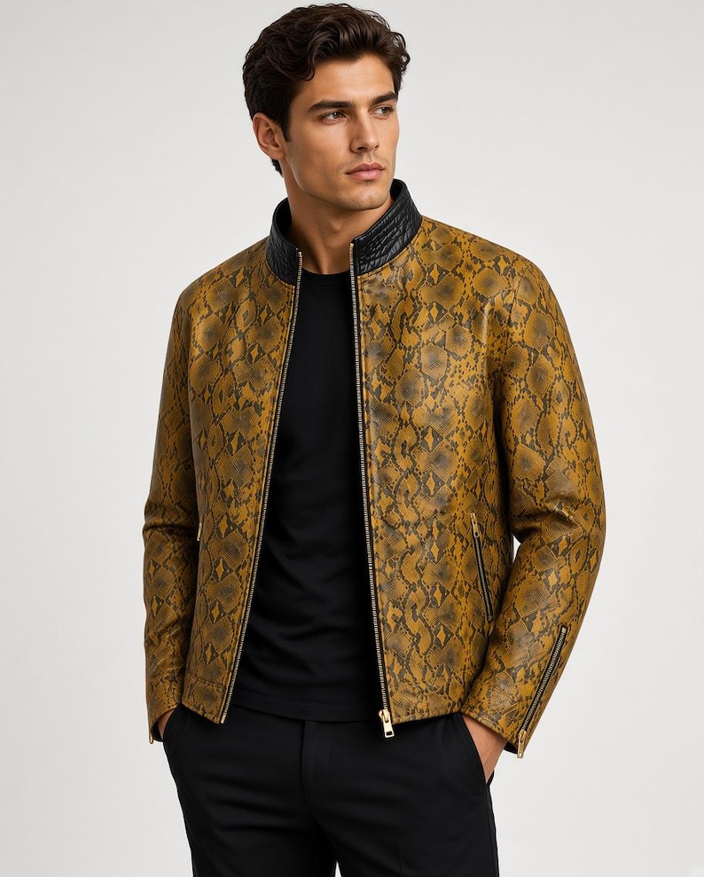 Handmade Python Print Leather Moto Jacket – Gold Beige Biker Style (Men's)