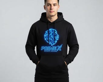 Herren-Hoodie mit Löwenlogo | Schwarzer Streetwear-Pullover | Neonfarbener Grafikprint | Sportlicher Hoodie | Freizeitkleidung | Geschenkidee für ihn