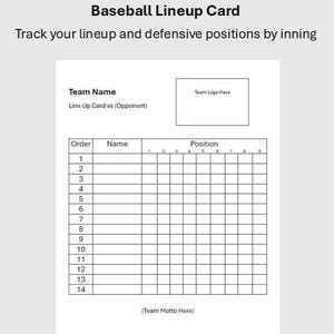 Puede incluir: Una tarjeta de alineación de béisbol blanca con texto y líneas de cuadrícula en negro. El documento incluye campos para el nombre del equipo, la tarjeta de alineación contra el oponente, un recuadro para el logo y una tabla de posiciones.
