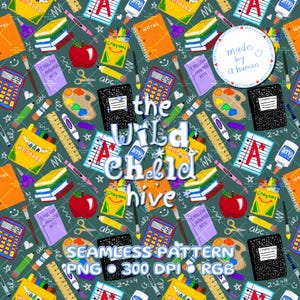 May include: A seamless pattern featuring school supplies including red apples, calculators, composition notebooks, rulers, paint palettes, glue bottles, and crayon boxes on a dark teal background with the text made by a human.