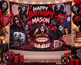 May include: A horror-themed birthday party backdrop featuring Ghostface characters, red and black balloons, and a cake with the name Mason. The banner displays the text Happy Birthday Mason, along with various horror movie quotes and imagery.
