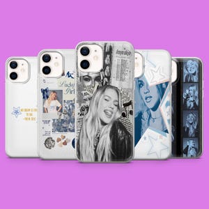May include: A collection of five clear smartphone cases featuring various collage-style designs, including black and white photographic portraits, star graphics, text reading Freya Skye, and tour dates, displayed against a solid purple background.