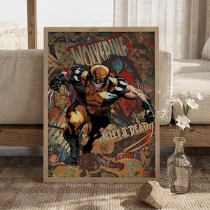 May include: A rectangular framed wall art print featuring a comic book illustration of Wolverine in a yellow and black suit. The background displays a collage of comic panels with text including WOLVERINE, VALLEY O' DEATH, and SCRACK HELP ME.