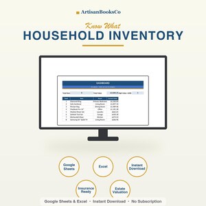 May include: A digital household inventory tracker displayed on a computer monitor. The screen shows a dashboard with a table listing items, rooms, and values. Below are five circular icons labeled Google Sheets, Excel, Instant Download, Insurance Ready, and Estate Valuation.