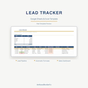 Può includere: Un modello di tracciamento dei lead per Google Sheets ed Excel che presenta una tabella di riepilogo della pipeline con colonne per stato, nome del lead, fonte, servizio, valore, data di follow-up e note. Include le etichette Lead Pipeline, Automatic Formulas e Sales Dashboard.