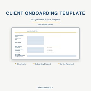 Op de afbeelding: Een digitaal klant-onboarding-sjabloon voor Google Sheets en Excel met een intakeformulier voor klanten, inclusief secties voor contactgegevens, projectdetails en notities, gelabeld met Client Intake, Onboarding Checklist en Service Agreement.