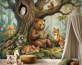 Woodland Forest Watercolor Animal Mural Wallpaper, Nursery Wall Decor, Storybook Forest Kids Playroom, Whimsical Woodland Theme