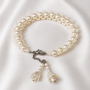Sterling Silver Freshwater Pearl Bracelet, Bridal Wedding Jewelry, Tulip Charm, Handmade Elegance