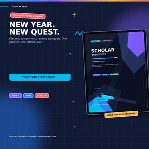 Puede incluir: Una interfaz de planificador digital titulada Scholar 2026-2027 sobre un fondo de cuadrícula azul oscuro. La pantalla muestra el texto New Year. New Quest., botones etiquetados como Plan It, Do It, Level Up y un gráfico de una tableta.