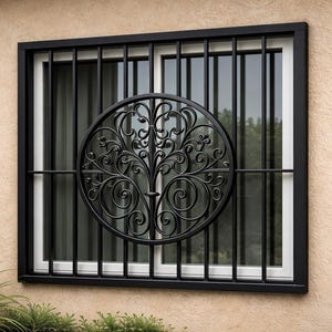 May include: A black metal window security guard featuring a rectangular frame with vertical bars and a central circular medallion containing an intricate, symmetrical scrollwork design. The guard is mounted over a white-framed sliding window.