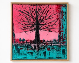 Peinture à l'huile abstraite d'un arbre rose, branches expressives, toile à bords profonds