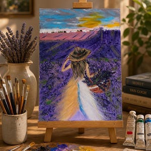 May include: An oil painting on a wooden easel depicting a person in a hat and flowing dress walking through a vibrant purple lavender field under a sunset sky. The artwork features thick, textured brushstrokes in shades of violet, gold, and blue.