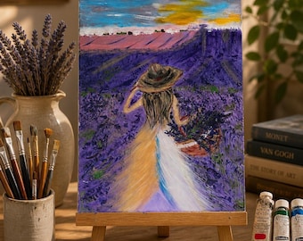 Origineel acrylschilderij: Vrouw in een lavendelveld, A3 canvas wanddecoratie
