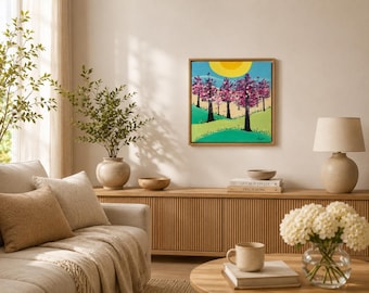 Original Oil Painting: First Blossom Spring Trees, Vibrant Landscape Art (30x30 cm)