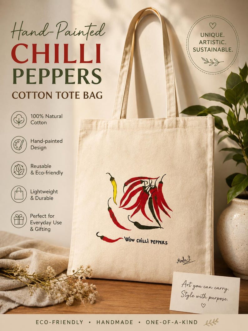 Hand-painted cotton tote bag with chilli peppers