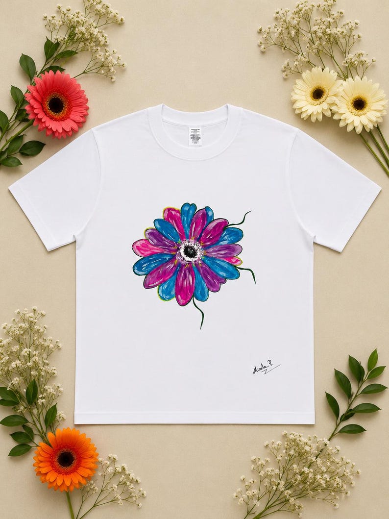 Hand-painted women's t-shirt with pink and blue flower